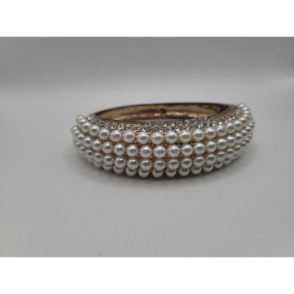 Gold Tone White Beaded Rhinestone Wide Hinged Bangle Bracelet